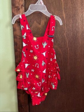 Red Western Print Ruffle One-Piece